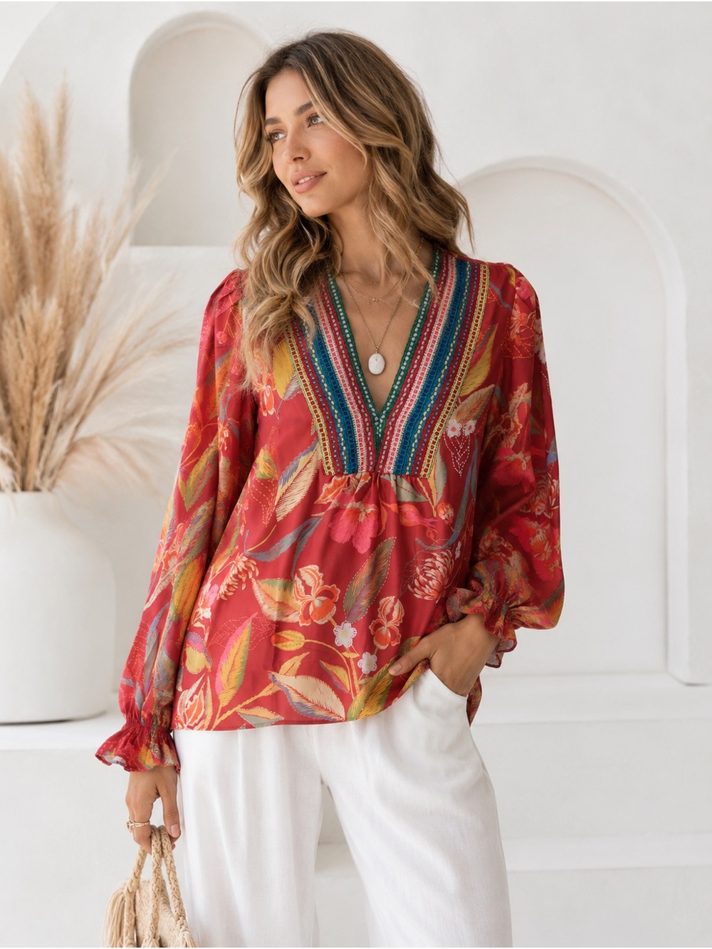 Umgee Floral V-Neck Embroidered Boho Top Small
